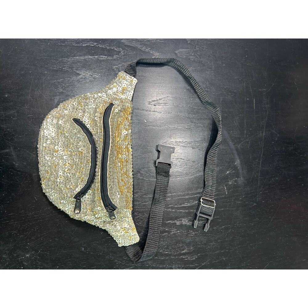 80s Retro sequin Waist Pouch- silver gold sequin- adjustable 2 zippers preowned
